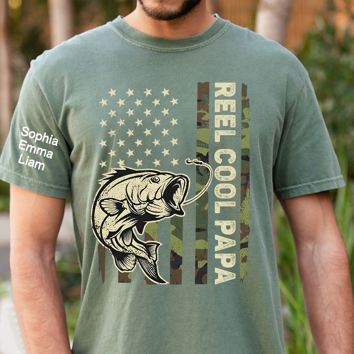 Personalized Reel Cool Papa Fishing Shirt Custom Kids Names on Sleeve, Bass Fish American Flag Shirt for Grandpa Dad, Fathers Day Family Gift