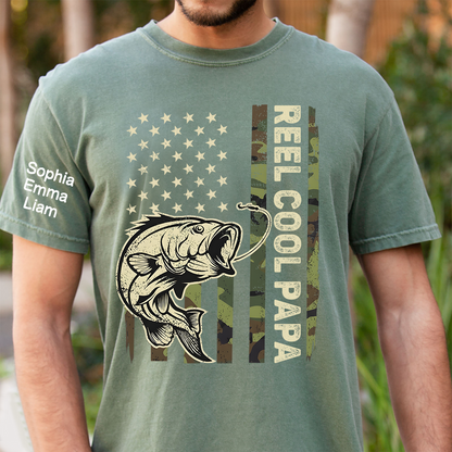 Personalized Reel Cool Papa Fishing Shirt Custom Kids Names on Sleeve, Bass Fish American Flag Shirt for Grandpa Dad, Fathers Day Family Gift