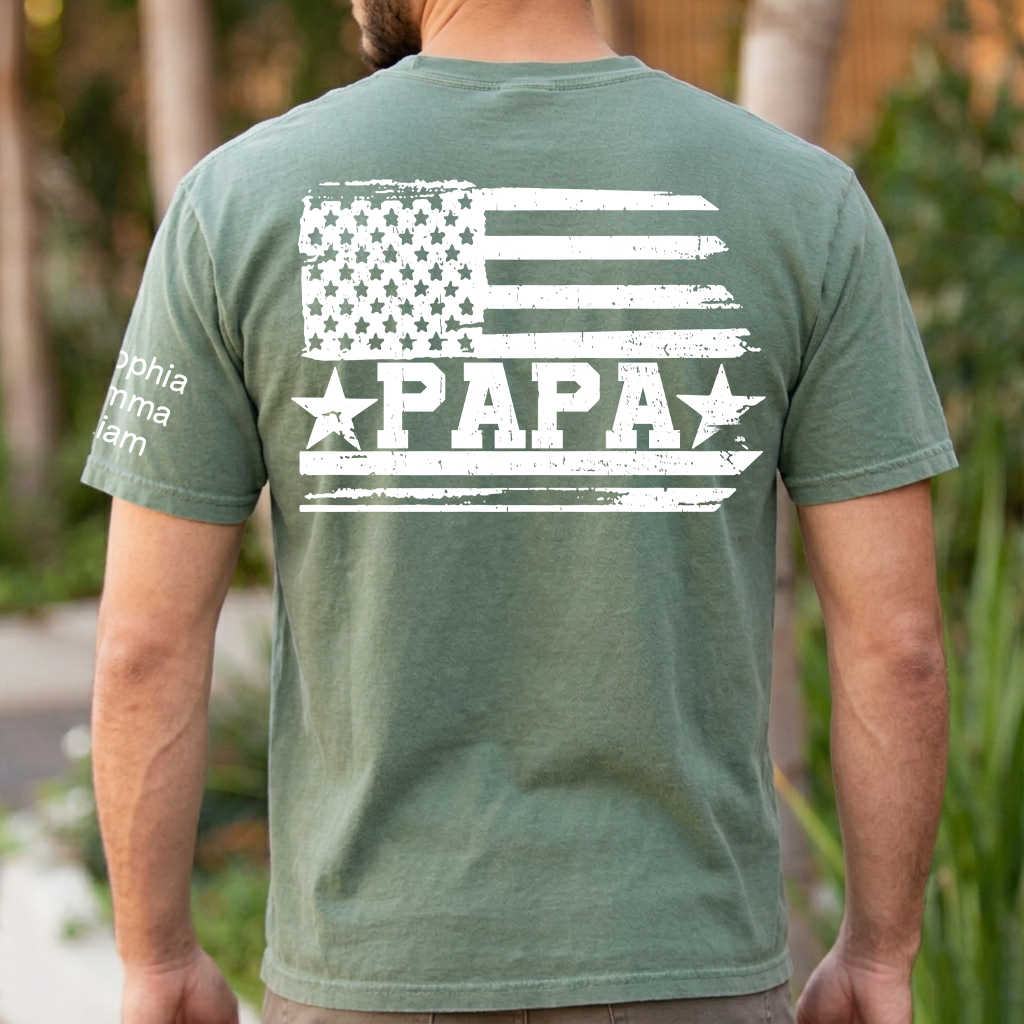 Personalized Papa T-Shirt with Custom Kids Names Option, American Flag Patriotic Design for Dad, Fathers Day Birthday Gift, Family Celebration Shirt