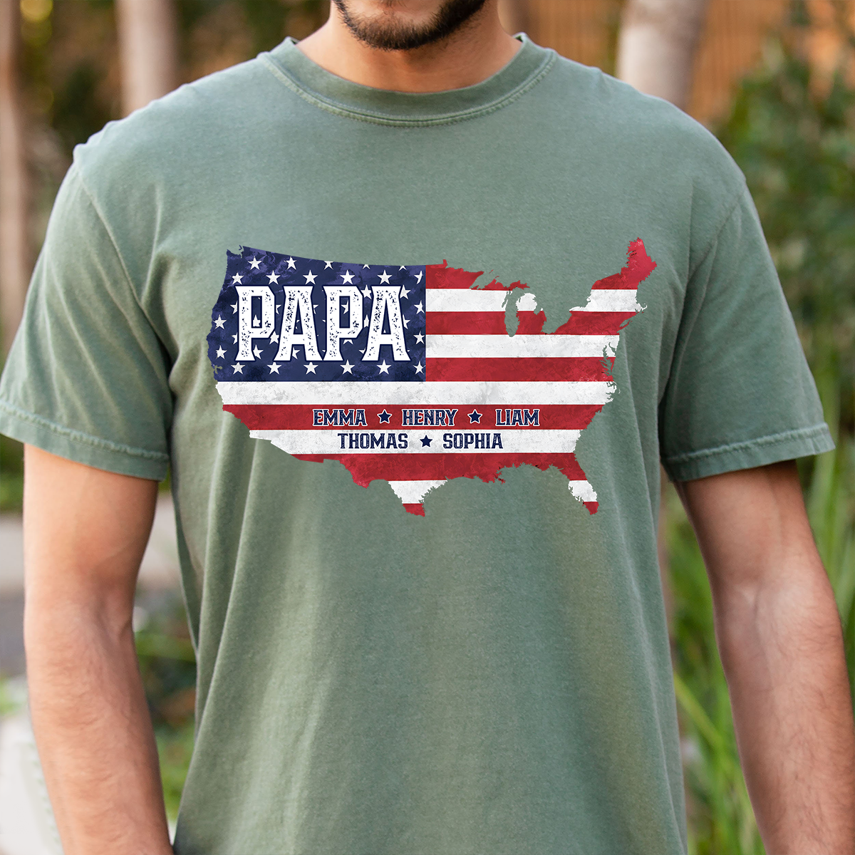 Personalized Papa American Flag Map Shirt Custom Kids Names, Patriotic Family Shirt for Dad Grandpa, Father's Day 4th of July