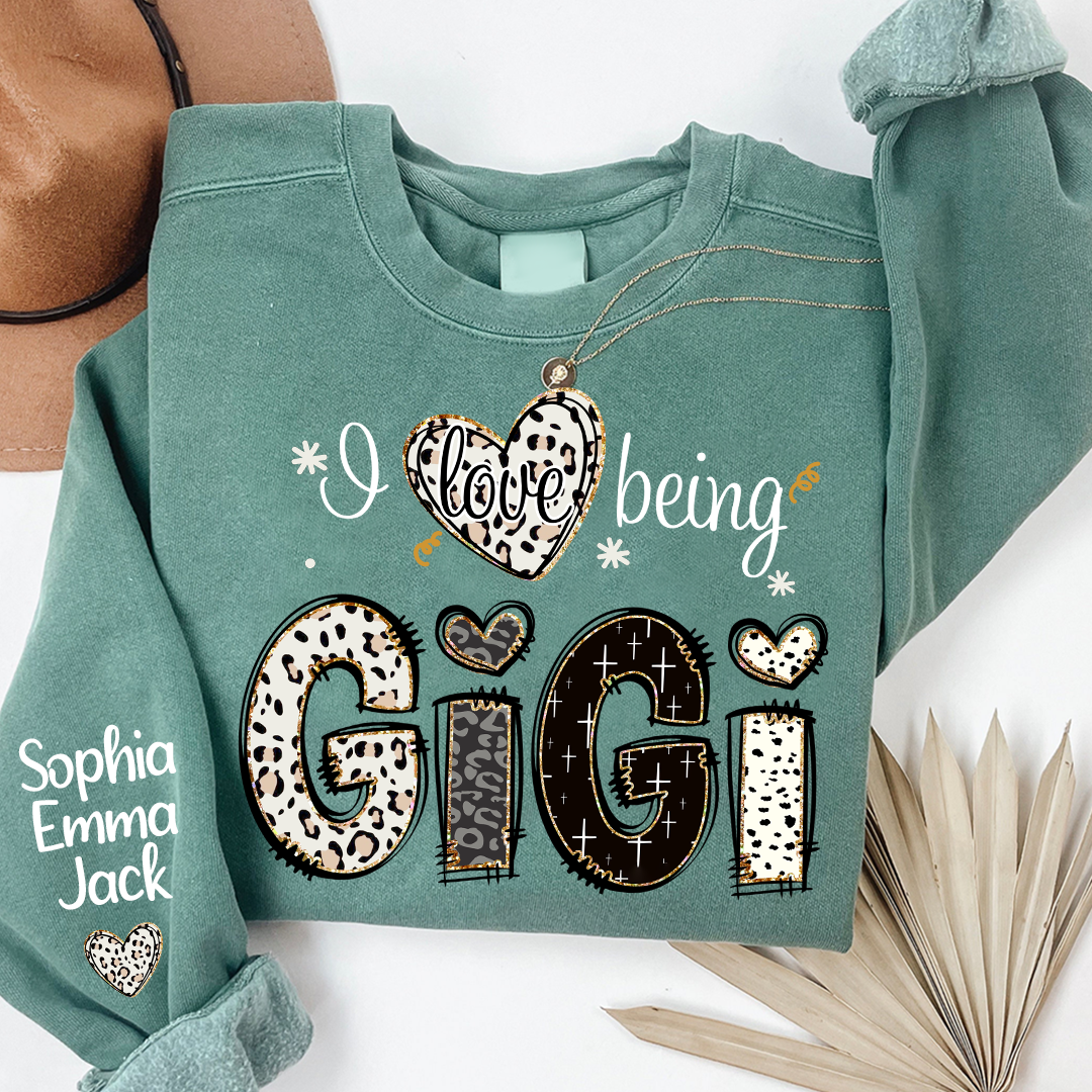 I love being Gigi Bible Style Gift For Grandma And Grandkids Names on Sleeve Sweatshirt