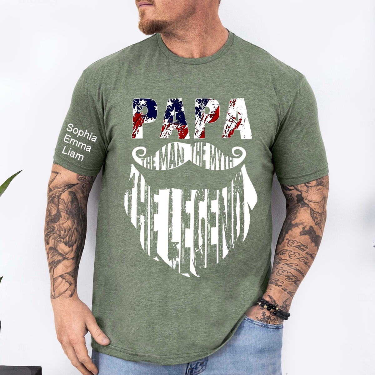 Papa The Man The Legend Shirt, Personalized Dad Grandpa Tee with Kids Names, Patriotic USA Flag Design T-Shirt for Father Birthday 4th of July