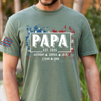 Personalized Papa EST Shirt Custom Kids Names Patriotic American Flag Design, First Time Dad Gift for Grandpa Father Birthday Fathers Day