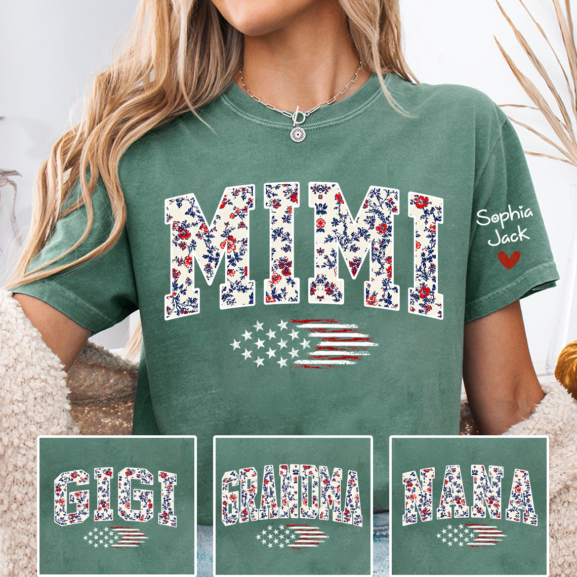 Personalized Floral Mimi Flag American T-shirt - Custom Family Nickname Shirt with USA Flag Design for 4th of July, Perfect for Nana, Gigi, Grandma