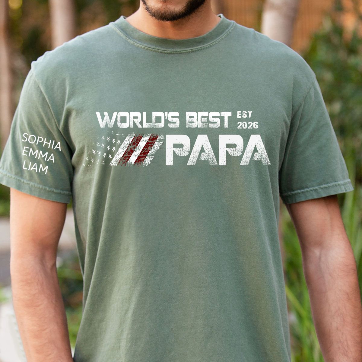 Personalized World’s Best Papa Shirt Custom Kids Names on Sleeve, Patriotic American Flag Grandpa T Shirt, Fathers Day Birthday Gift for Papa Dad Grandpa