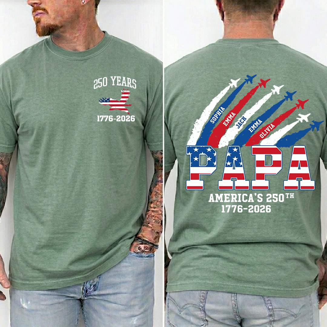 Personalized Papa 250 Years Shirt, Custom Kids Names Airplane Shirt, Patriotic American Flag Papa Tee, Grandpa Fathers Day Shirt, 4th of July Family Gift 1776 2026
