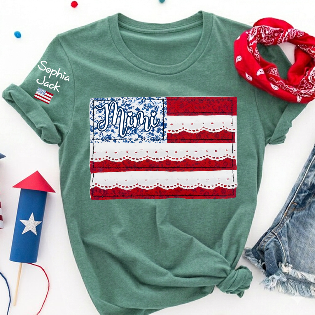 Personalized Mimi Patchwork USA Flag Shirt with Lace Details, Custom Family Name, 4th of July Independence Day T-shirt