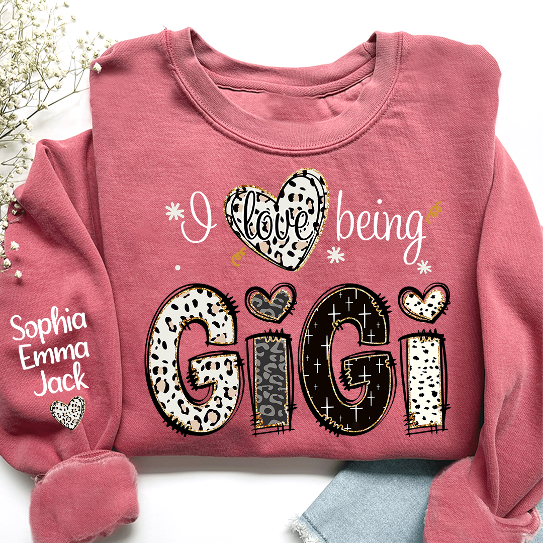 I love being Gigi Bible Style Gift For Grandma And Grandkids Names on Sleeve Sweatshirt