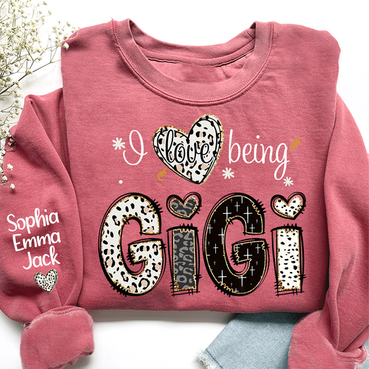 I love being Gigi Bible Style Gift For Grandma And Grandkids Names on Sleeve Sweatshirt