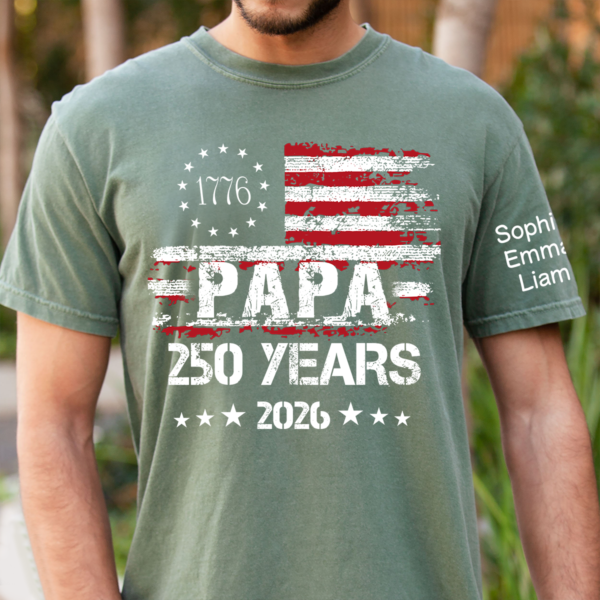 Personalized Papa 250 Years Shirt Custom Kids Names Sleeve, Patriotic American Flag Family T Shirt for 4th of July, Fathers Day Gift for Dad Grandpa, U.S. 250th Anniversary 2026