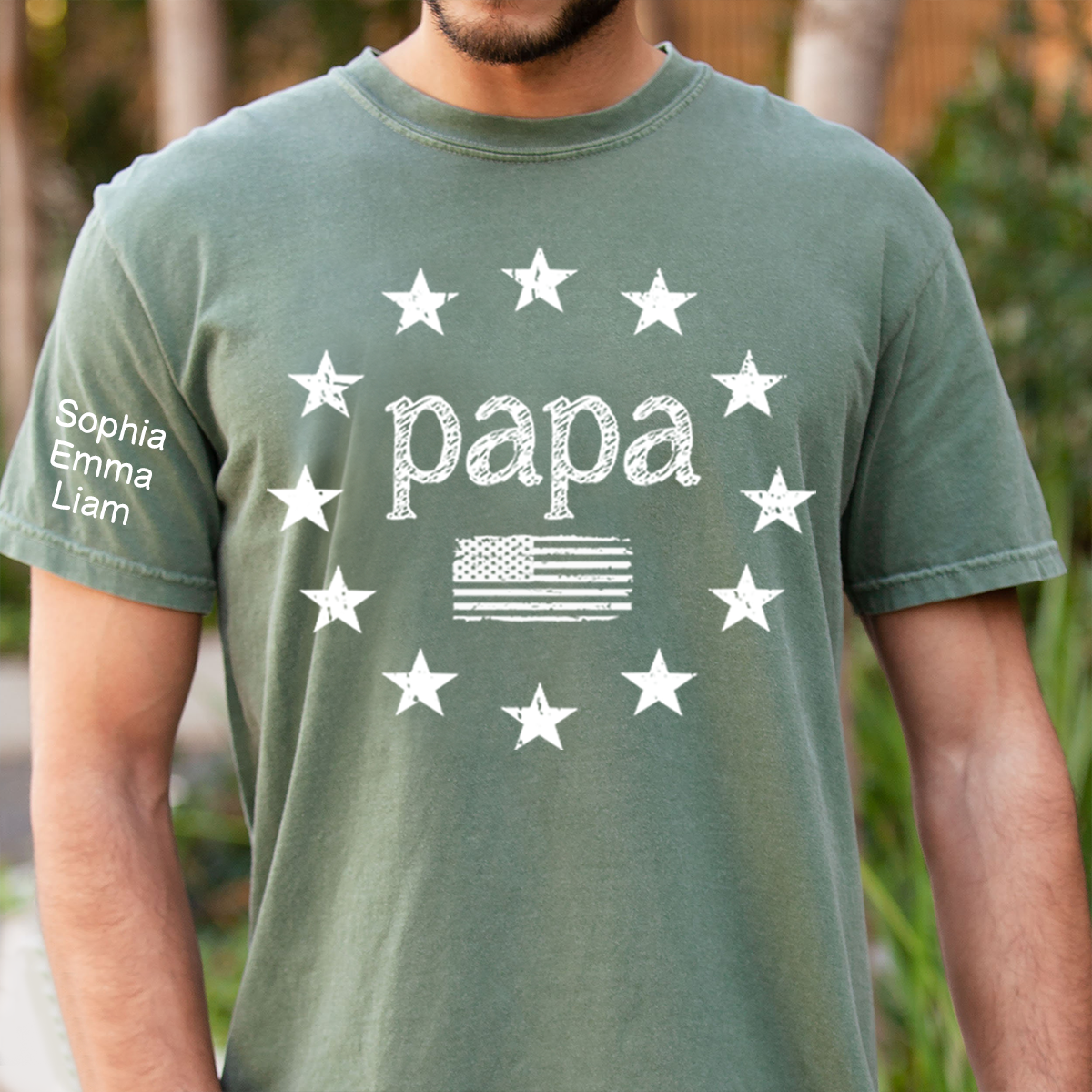 Personalized Papa American Flag Shirt with Kids Names on Sleeve, Custom Grandpa Patriotic Tee for Father’s Day, Gift for Papa Dad Grandfather