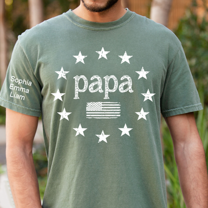 Personalized Papa American Flag Shirt with Kids Names on Sleeve, Custom Grandpa Patriotic Tee for Father’s Day, Gift for Papa Dad Grandfather