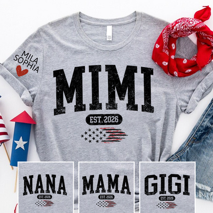 Personalized Mimi EST American Flag T-Shirt – Custom Mimi, Gigi, Nana Shirts, Patriotic Gift for Grandparents, Perfect for Mother’s Day and Birthdays