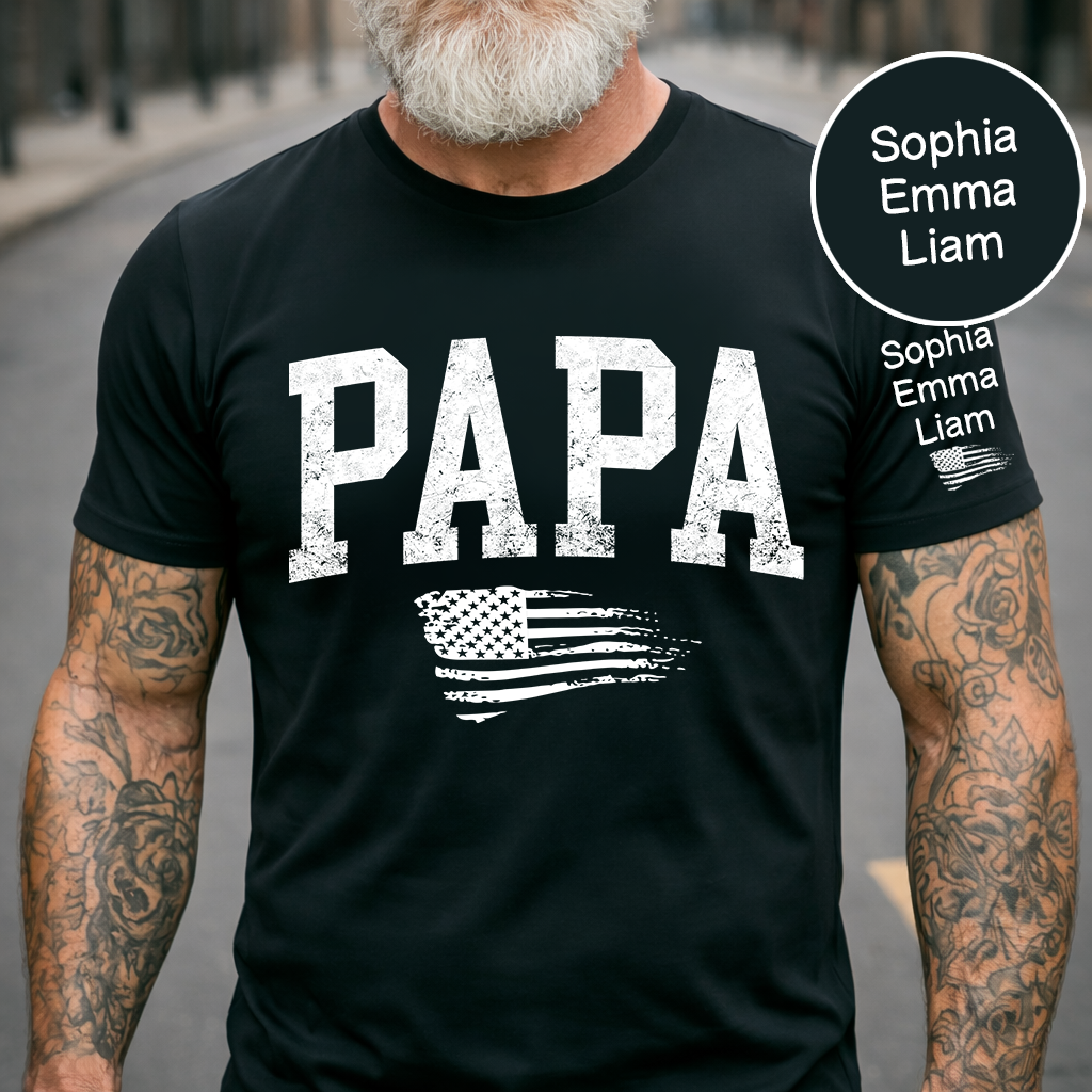 Personalized Papa Shirt with Grandkids Names, Patriotic Flag Custom Sleeve Tee, Fathers Day Birthday Gift for Grandpa