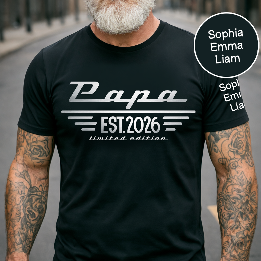 Personalized Papa EST. Limited Edition T-Shirt with Kids Names, Custom Family Nickname Shirt for Dad Fathers Day Gift