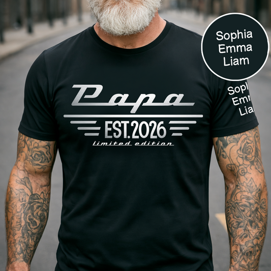Personalized Papa EST. Limited Edition T-Shirt with Kids Names, Custom Family Nickname Shirt for Dad Fathers Day Gift