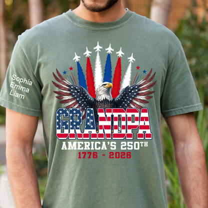 Personalized Grandpa America's 250th Anniversary Shirt Custom Kids Names on Sleeve, Patriotic Eagle Independence Day Shirt, U.S. 250th Anniversary Apparel