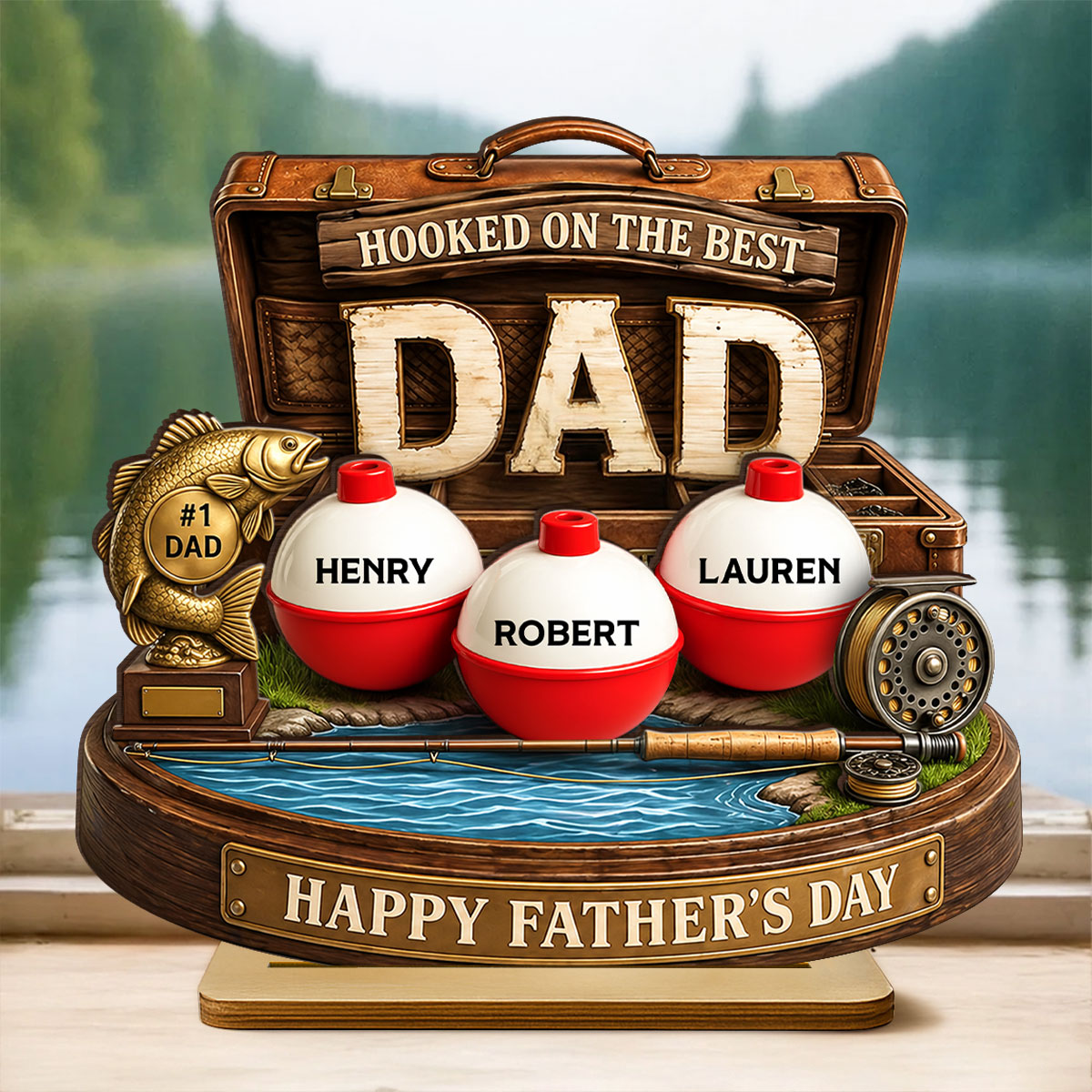 Personalized Fishing Dad Gift 2-Layered Wooden Plaque, Custom Name Bobber Decor, Hooked On The Best Dad Fathers Day Gift