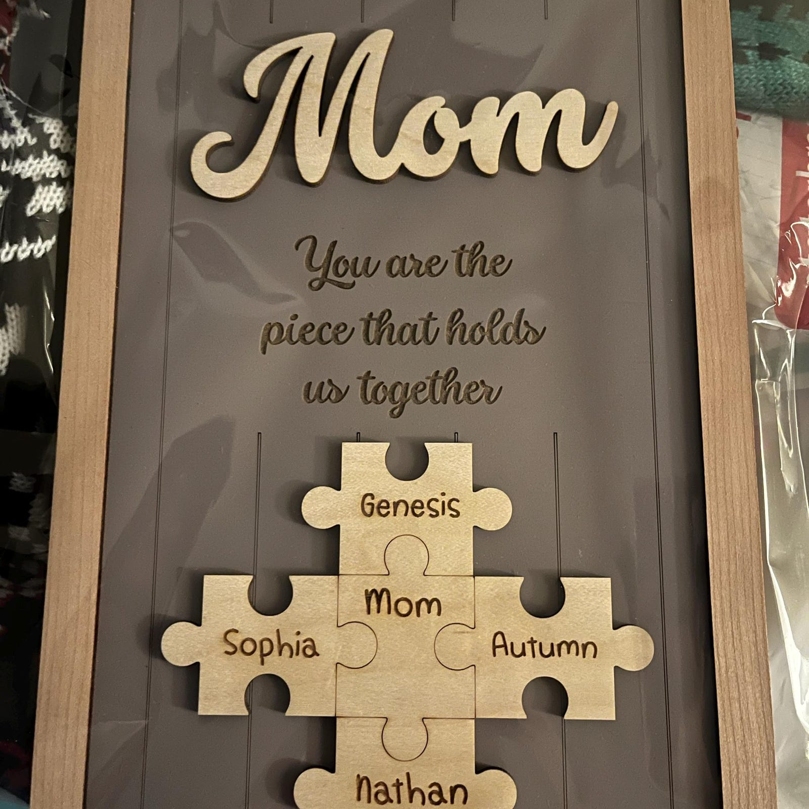 Mom Puzzle Sign Mother's Day Gift from Kids Husband Custom Engraved Wood Sign Piece That Holds Us Together Grandma Gift