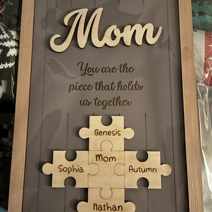 Mom Puzzle Sign Mother's Day Gift from Kids Husband Custom Engraved Wood Sign Piece That Holds Us Together Grandma Gift