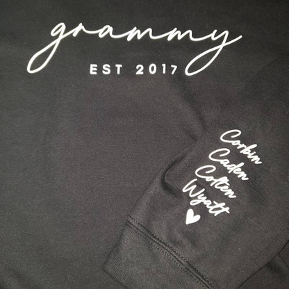 Custom Grandma Puff Design Sweatshirt Est Year with Grandkids Names on Sleeve