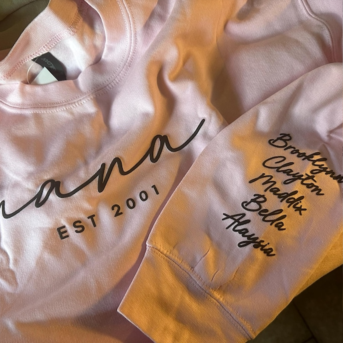 Custom Grandma Puff Design Sweatshirt Est Year with Grandkids Names on Sleeve