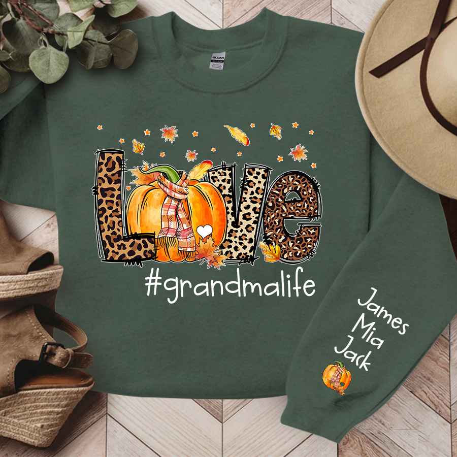 Love Grandma Life Leopard Fall Thanksgiving Halloween Leaves Cute Pumpkin Sweatshirt