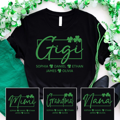 Personalized Gigi Shirt St Patricks Day Shamrock Design, Custom Grandma Shirt With Kids Names