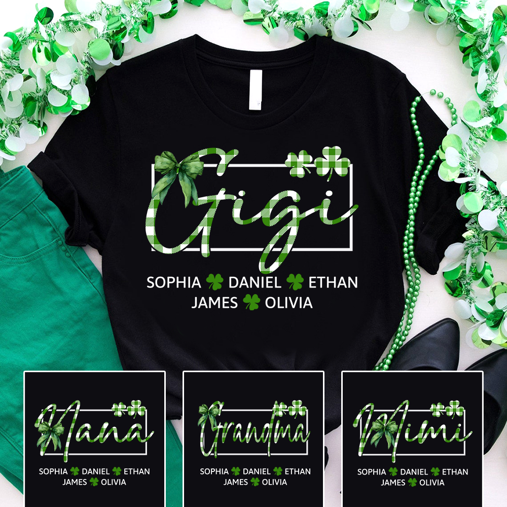 Personalized Gigi Family Shirt, Custom Names Shamrock Clover Tee, St Patrick’s Day Outfit for Gigi and Grandkids