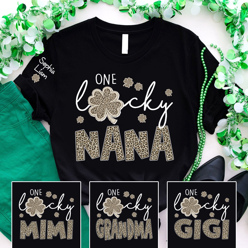 Lucky Nana Shirt, One Lucky Nana with Clover and Leopard Print, Personalized Grandma T-Shirt, St. Patrick’s Day Apparel