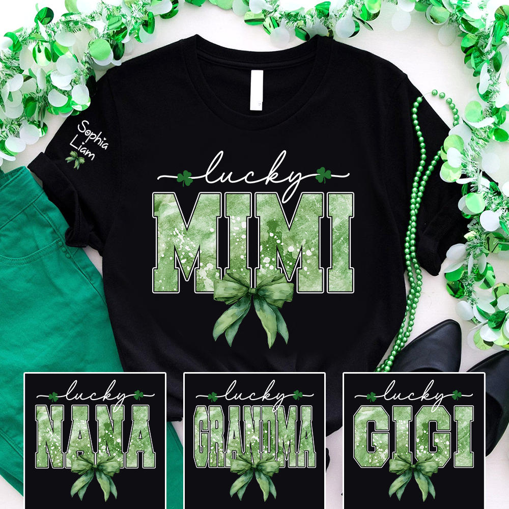 Lucky Mimi Shirt for St Patrick’s Day, Custom Name Grandma T Shirt with Shamrocks, Personalized Mimi Family Shirt