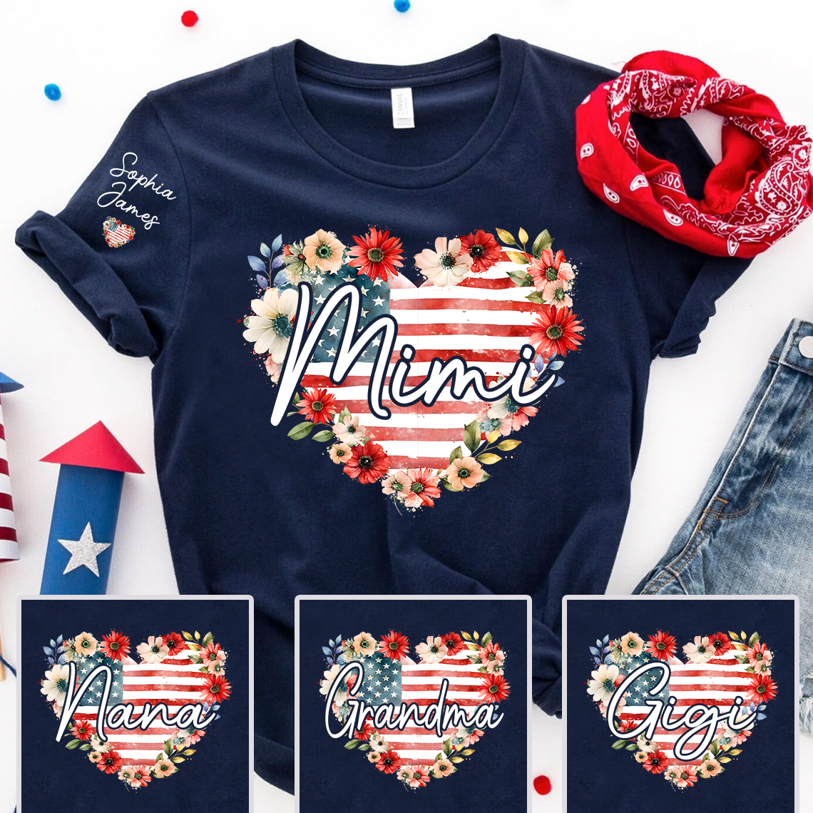 Floral Heart Mimi Shirt – Personalized Family Names with American Flag Design, Great Gift for Mimi