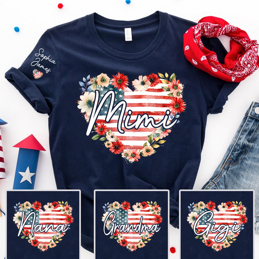Floral Heart Mimi Shirt – Personalized Family Names with American Flag Design, Great Gift for Mimi