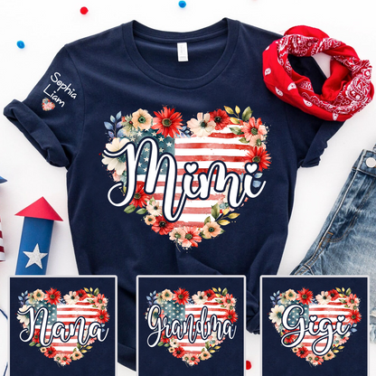 Mimi Patriotic Floral T Shirt, Custom Heart Design with American Flag, Personalized Gift for Grandma, Perfect for Mother’s Day