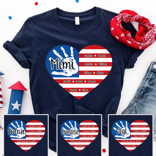Mimi Custom T Shirt with Family Names, American Flag Heart and Handprint Design, Ideal Gift for Mimi