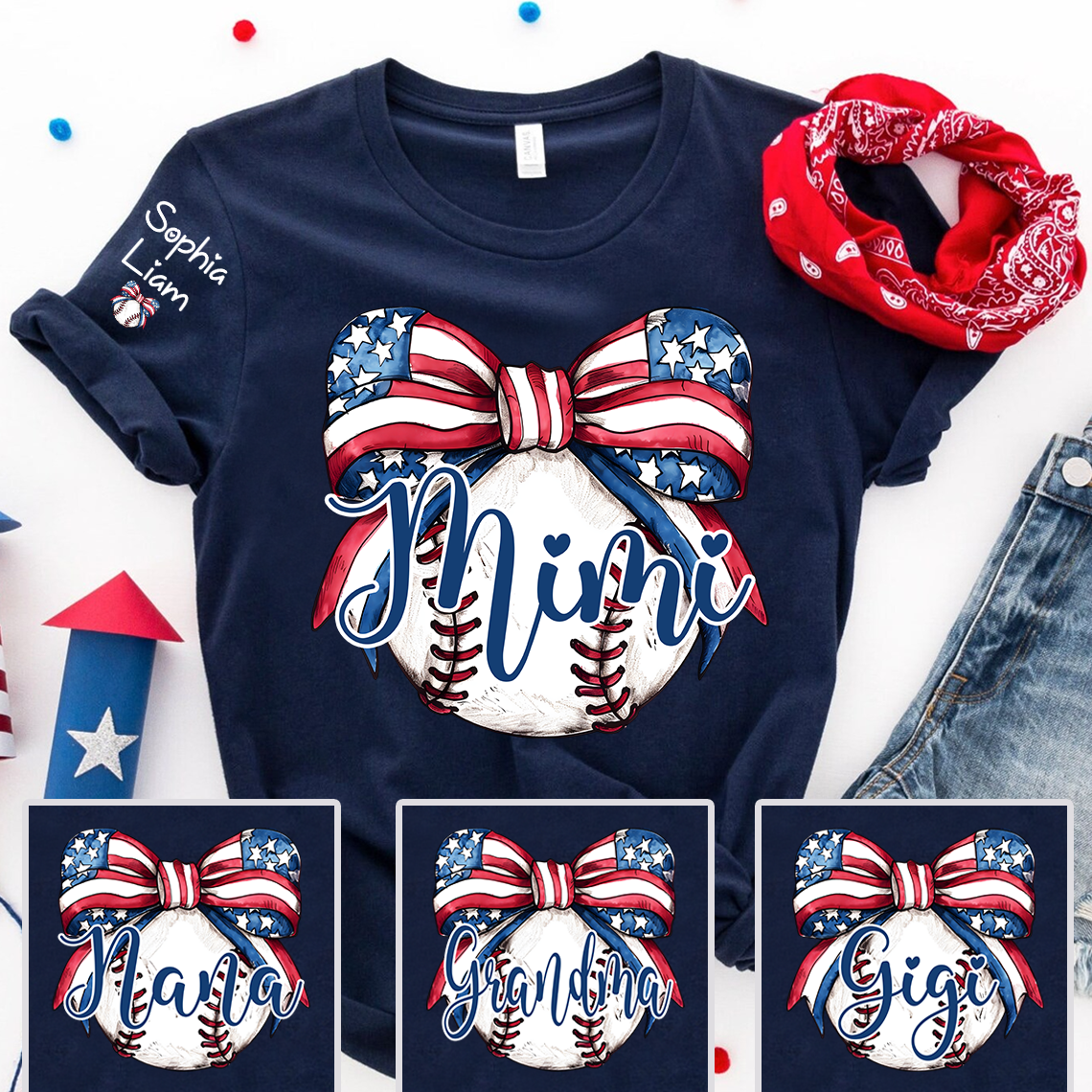 Personalized Mimi Baseball Shirt, Custom Grandma Baseball Bow T Shirt with Kids Names, Patriotic Family Gift for 4th of July