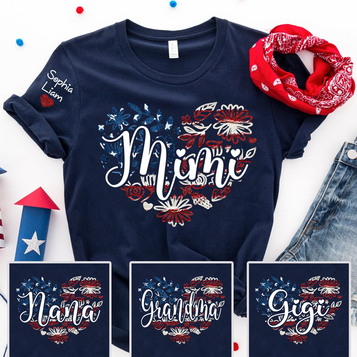 Custom Mimi T Shirt with Kids Names Patriotic Heart American Flag Floral Design Personalized Family Gift for Mimi