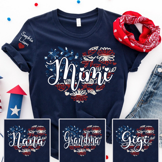 Custom Mimi T Shirt with Kids Names Patriotic Heart American Flag Floral Design Personalized Family Gift for Mimi