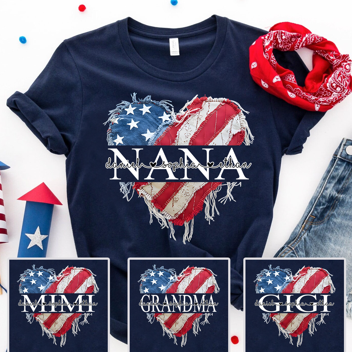 Personalized Nana T Shirt, Custom American Flag Heart Design with Family Names, Patriotic Gift for Nana