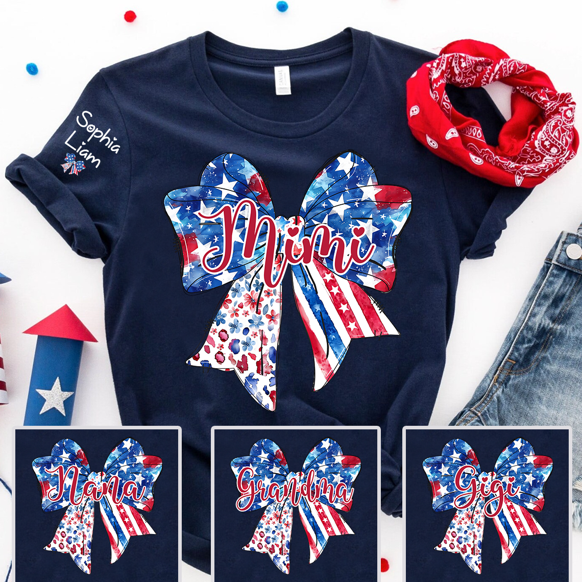 Custom Mimi Shirt with Sleeve Names, American Flag Bow Graphic Tee, Patriotic Grandma Independence Day Apparel