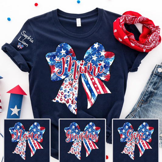 Custom Mimi Shirt with Sleeve Names, American Flag Bow Graphic Tee, Patriotic Grandma Independence Day Apparel