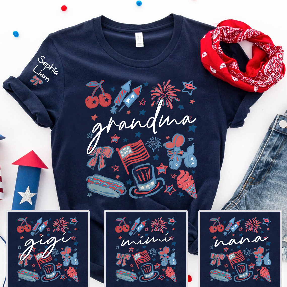Grandma Custom T Shirt, Independence Day Themed Design with Fireworks, Stars, and USA Icons