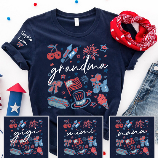 Grandma Custom T Shirt, Independence Day Themed Design with Fireworks, Stars, and USA Icons