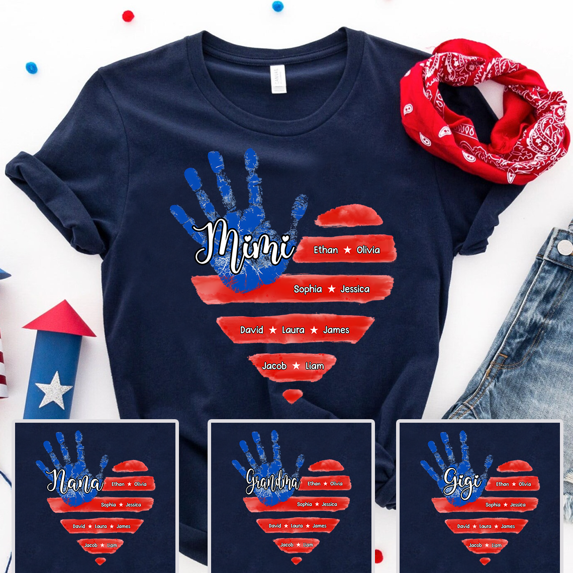 Custom Mimi Shirt, American Flag Handprint with Family Names, Personalized Gift for Mimi, Patriotic Grandkids Shirt