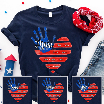 Custom Mimi Shirt, American Flag Handprint with Family Names, Personalized Gift for Mimi, Patriotic Grandkids Shirt