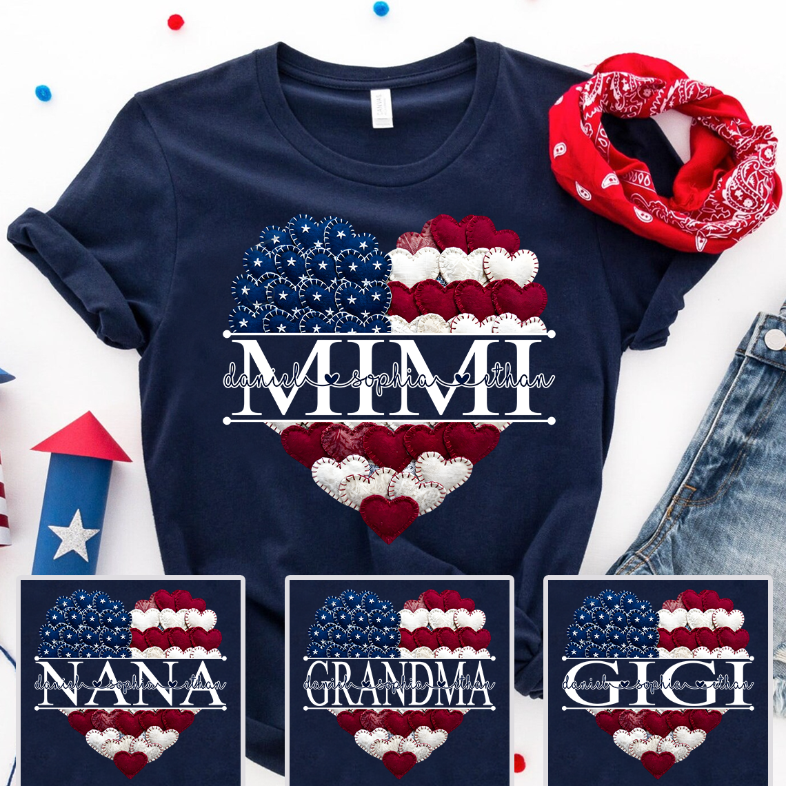 Personalized Mimi T Shirt, American Flag Heart Design, Custom Family Names Shirt