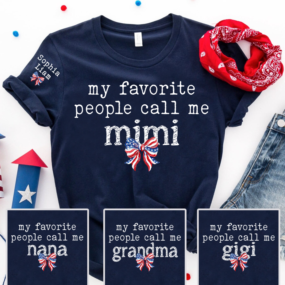 Personalized Mimi Shirt, My Favorite People Call Me Mimi Tee, Patriotic Grandma Gift with Kids Names for Fourth of July