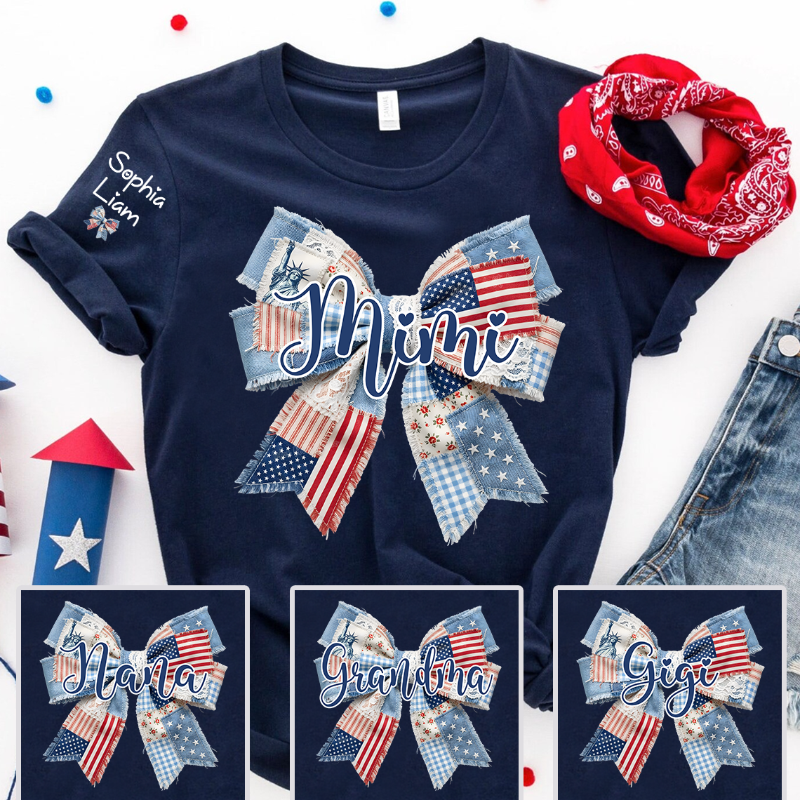 Patriotic Patchwork Bow Mimi T-Shirt, Personalized Grandma Tee with Kids Names for Birthday Mothers Day Christmas