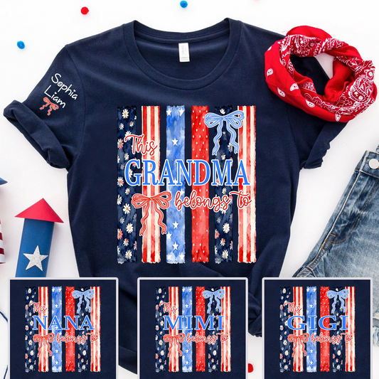 Personalized This Grandma Belongs To T Shirt, Custom Gift for Grandma with Family Names, Patriotic Design for 4th of July