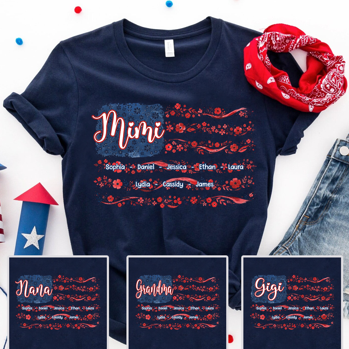 Mimi Floral American Flag Shirt, Custom Grandkids Name Tee, Patriotic Grandma Gift for Nana Mimi Great Grandma
